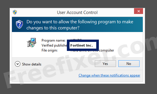 Screenshot where Fortinet Inc. appears as the verified publisher in the UAC dialog